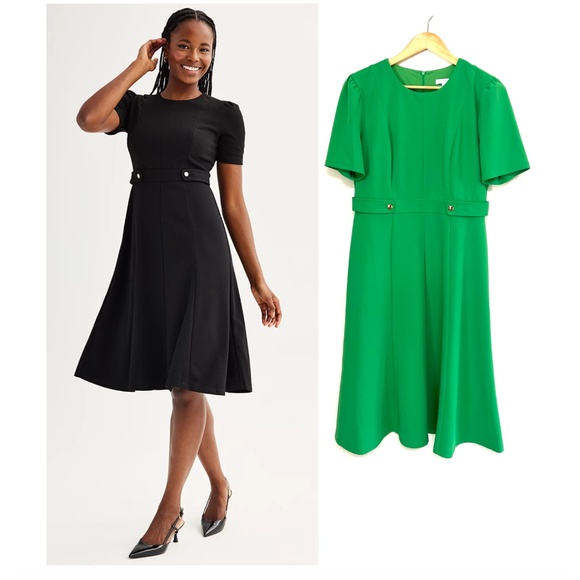 London Times Puff-Sleeve Tab-Detail Fit & Flare Dress Sz US 10 in Kelly Green - Picture 1 of 9